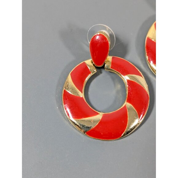 Vintage Red Enamel Gold Tone Round Hoop Dangle Earrings Pierced - Picture 4 of 6